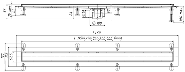 Размеры линейных трапов (душевых лотков) Татполимер с горизонтальным выпуском
