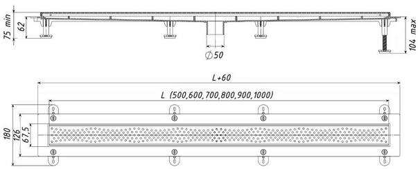 Размеры линейных трапов (душевых лотков) Татполимер с вертикальным выпуском