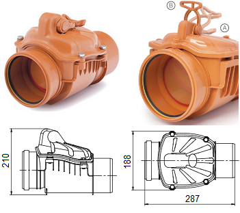 Обратный канализационный клапан-затвор KARMAT ZB 110 с ручной фиксацией заслонки в закрытом положении. Для канализационных труб диаметром 110 мм.