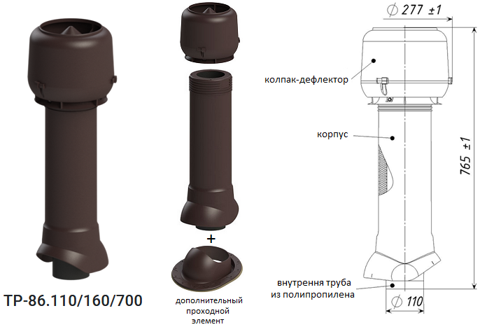 Вентиляционный выход канализации Татполимер ТР-86.110/160/700. Для трубы 110 мм. Утепленный (изолированный).